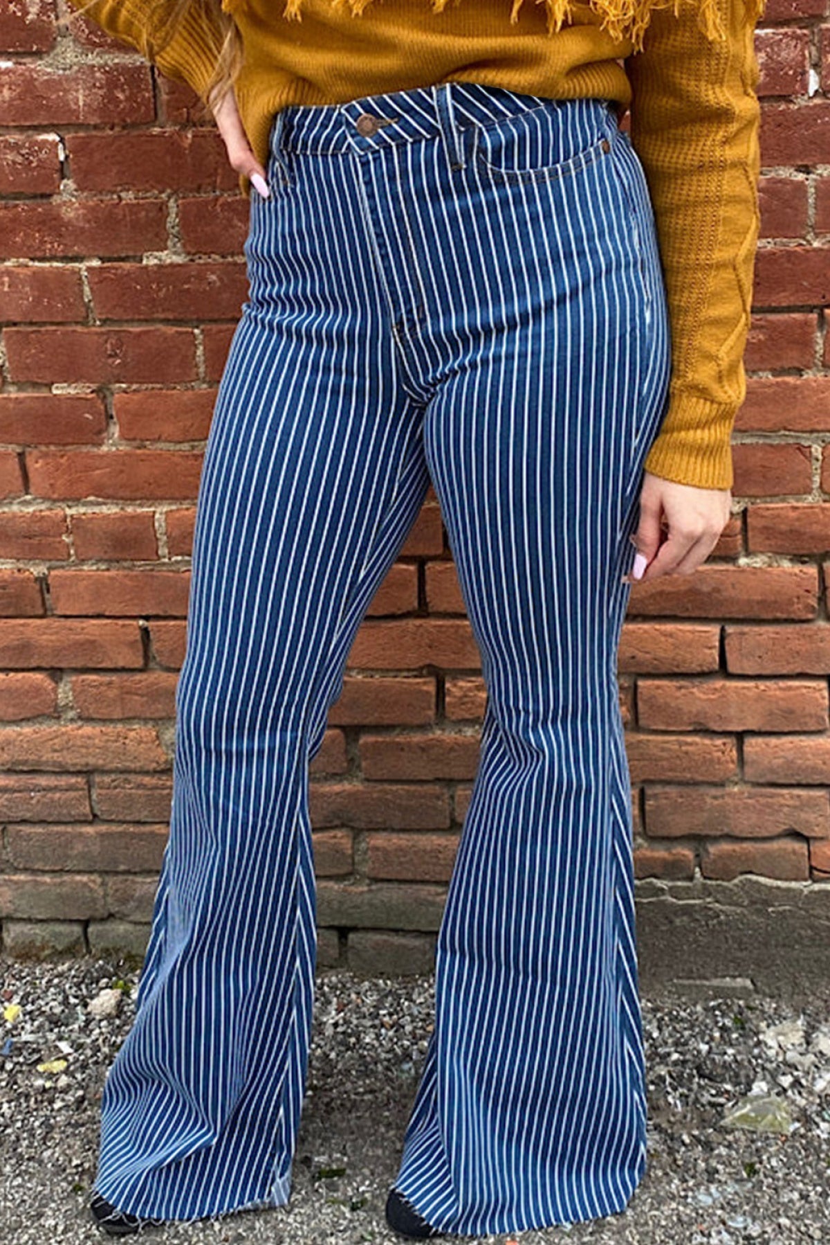 Plus Size High Waist Pin Stripe Flared Jeans
