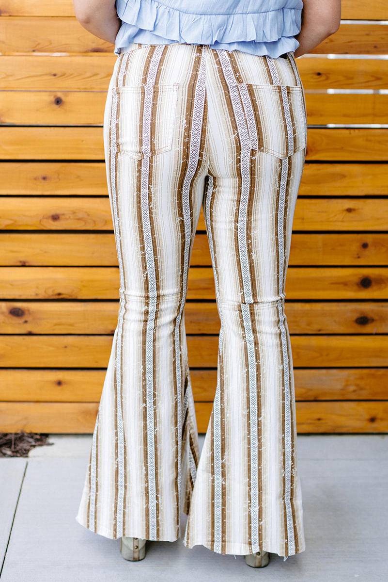 Plus Size Stripe Print High Waist Bell Bottom Pants