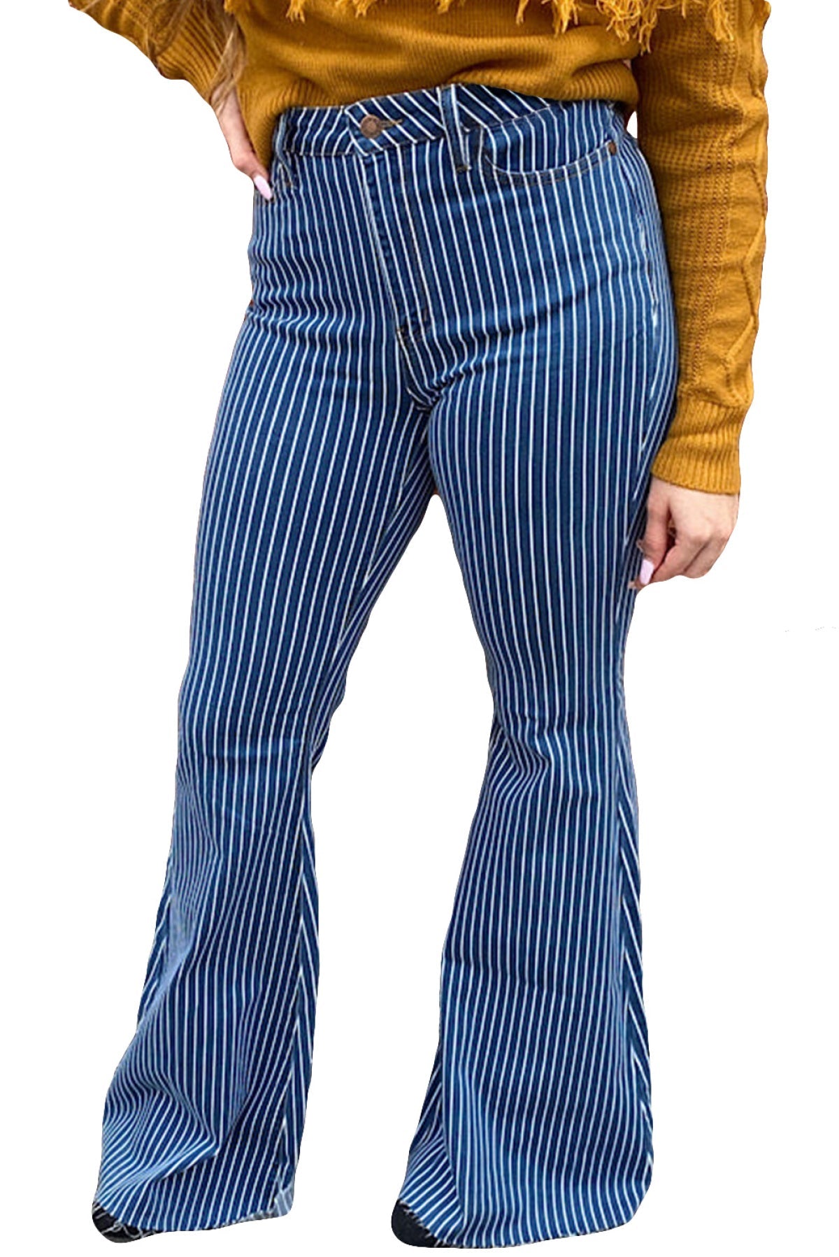 Plus Size High Waist Pin Stripe Flared Jeans
