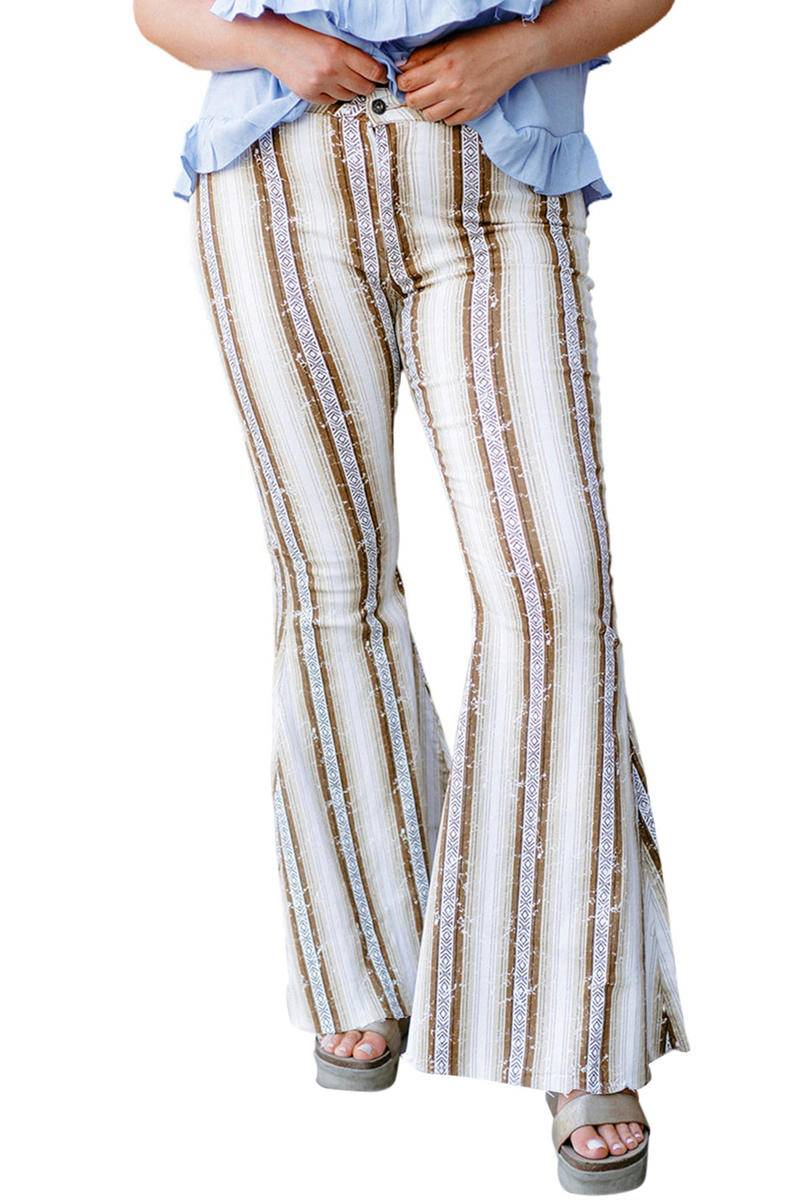 Plus Size Stripe Print High Waist Bell Bottom Pants