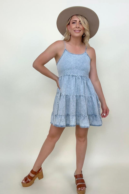 Acid Wash Denim Baby Doll Mini Dress
